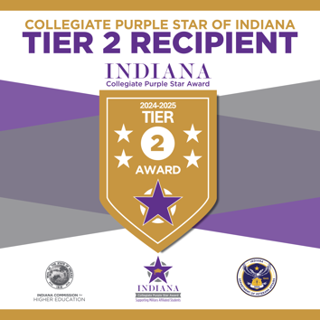 Graphic showing Collegiate Purple Star of Indiana, Tier 2 Recipient for 2024-2025