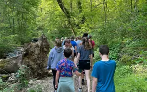 Students hike a wooded trail during an outdoor environmental learning field trip.
