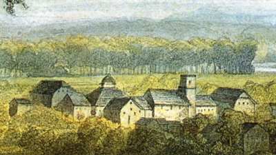 Illustration of the historic town of New Harmony as it  used to be