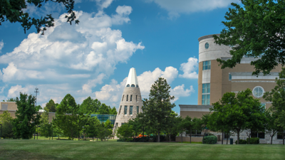 View of the Quad, Rice Library, the Cone, and University Center West