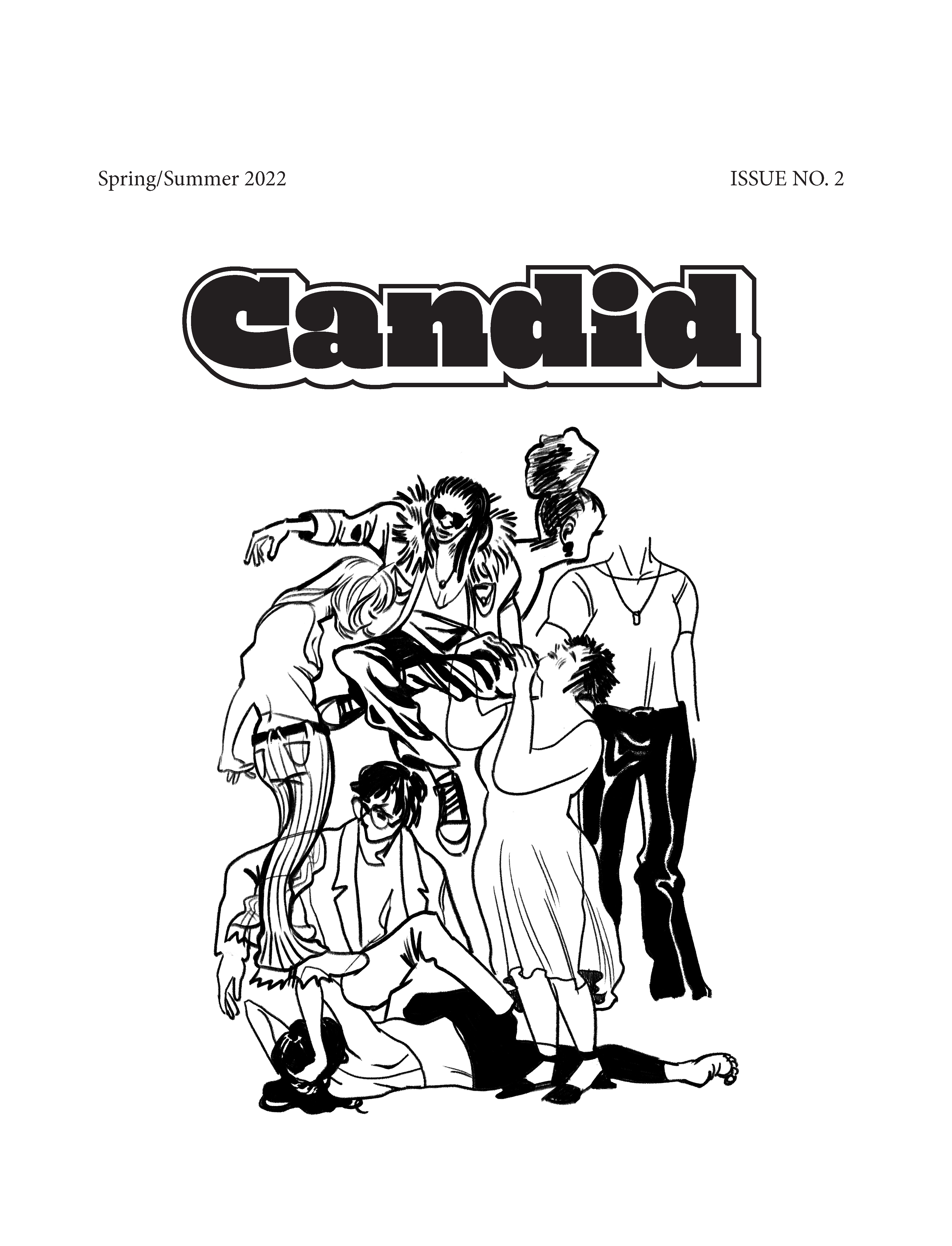 Candid Cover. Drawing of seven people in a group