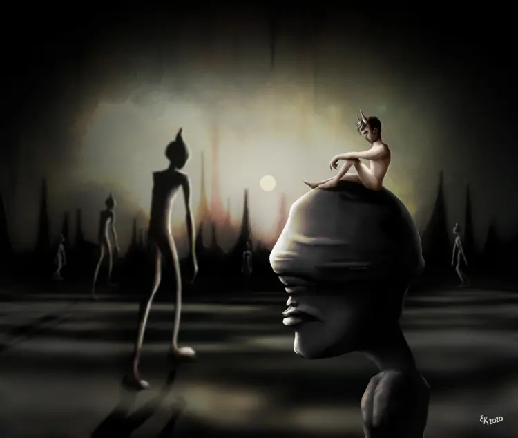 Surreal illustration of head with no eyes and elongated humna-like figures