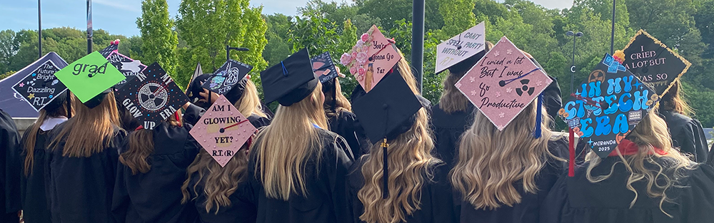 Decorated graduation caps for radiology students at commencement