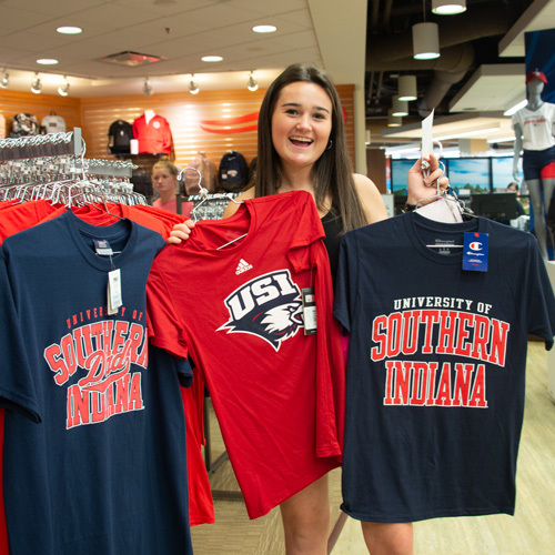 student shopping for USI Gear at the Campus Store