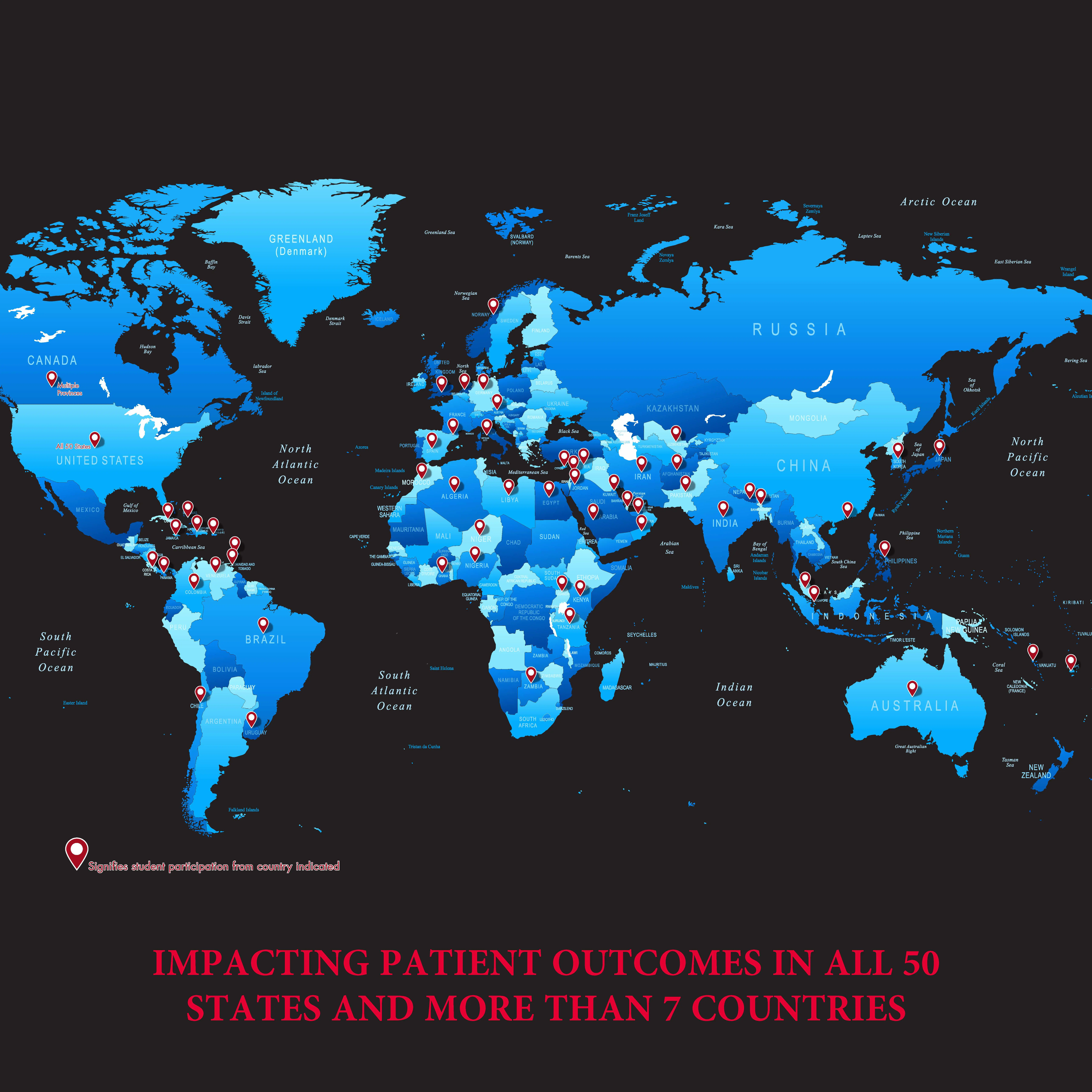 Graphic of a world map showing the states and countries with students in online CE programs