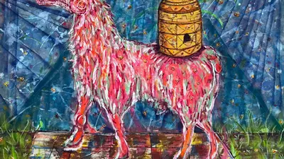 Painting of a llama from Juan William Chavez's exhibit "Survival Blankets: Learning from Ancestors"