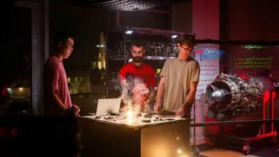 Mechanical engineering students work on a robotics project, creating flames