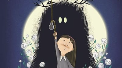 Illustrated book cover for Millie Fleur Saves the Night by Christy Mandin, showing a young girl standing in a garden at night, reaching up to pull a hanging light bulb while smiling. Behind her is a large, shadowy, friendly-looking creature with glowing eyes, silhouetted by a bright full moon, with flowers and plants surrounding them.