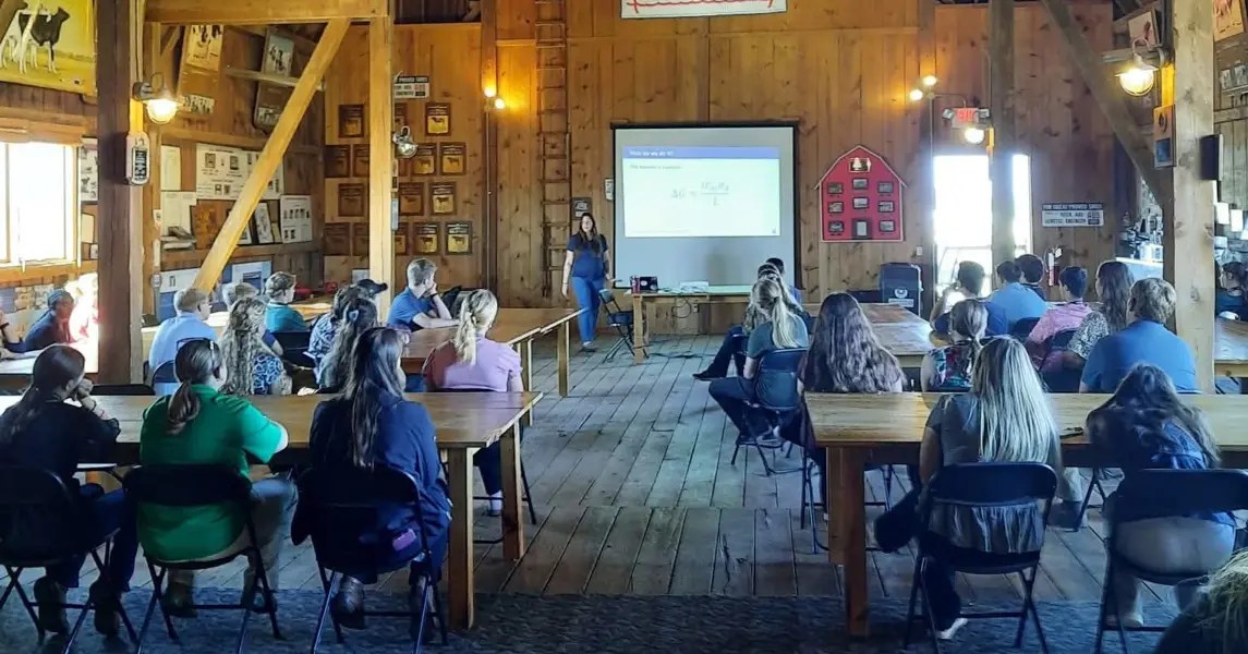 Students attend an interactive classroom presentation during a career and agricultural education program.