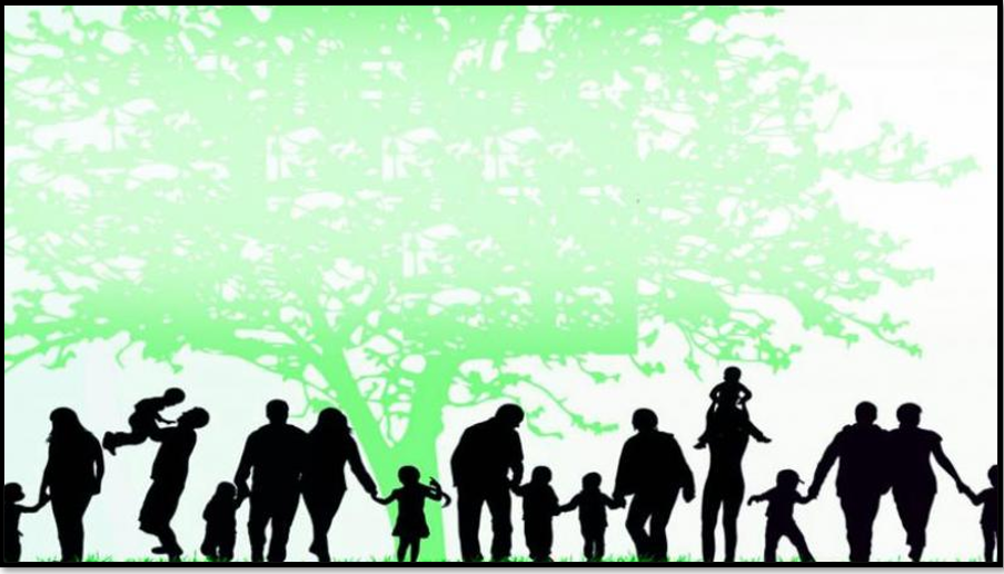 A row of family members of all aged in silhouette with a green tree graphic in the background