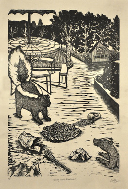 Callie Poehlein, Holiday World, After Hours, linocut