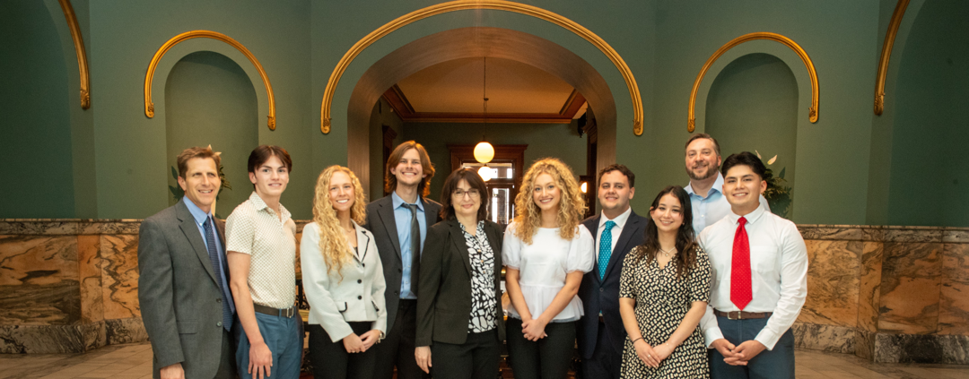 Group of students and professors at the Vanderburgh County Courthouse