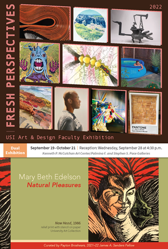 Photos of various artworks by USI Faculty and by Mary Beth Edelson