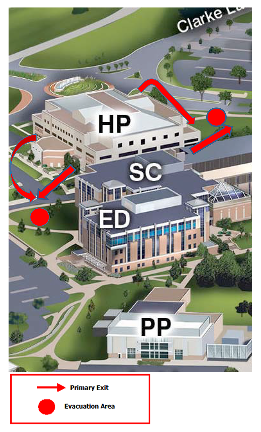 Graphic showing exits and evacuation areas of Health Professions Center