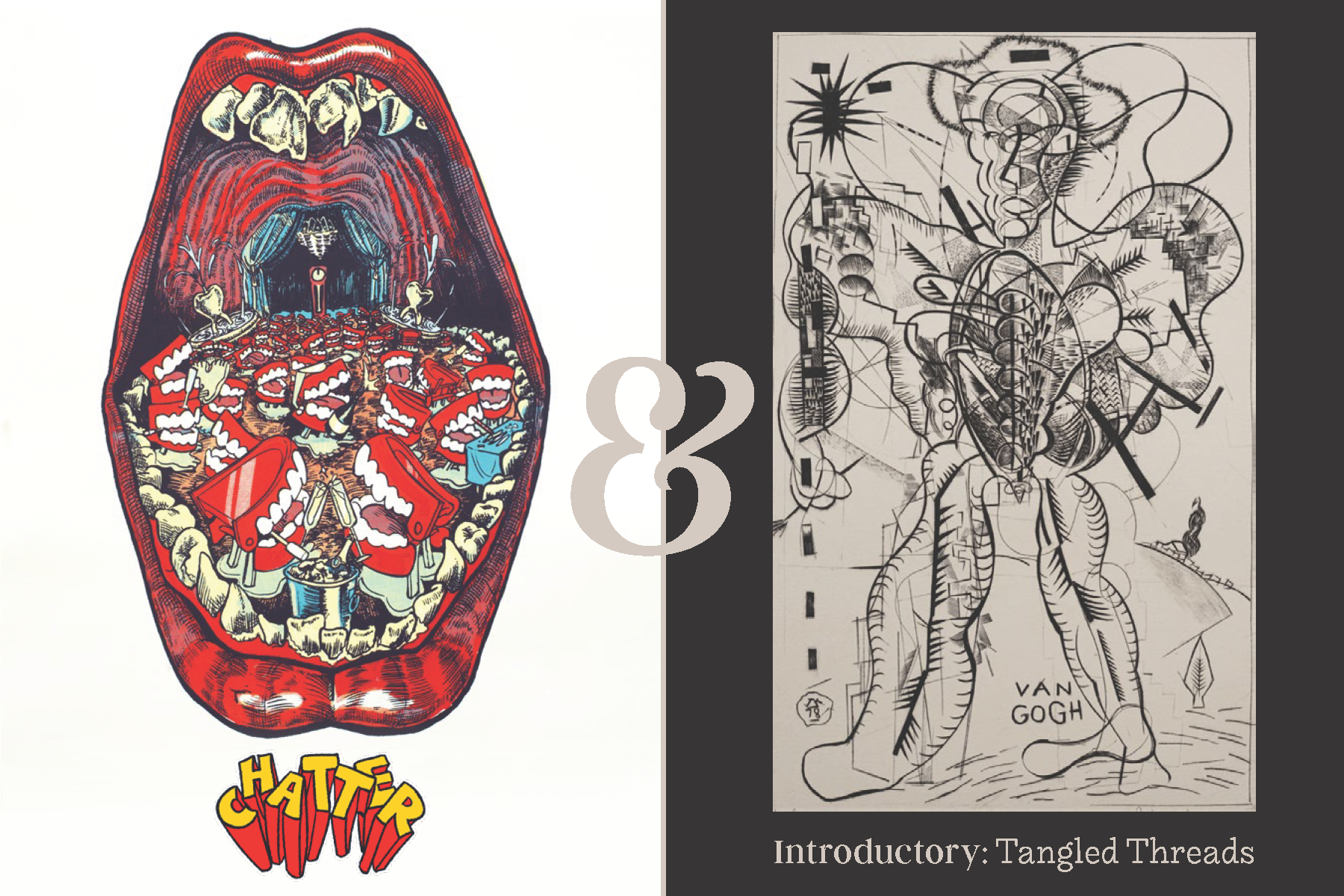 Exhibition title, three colorful characters photographing, painting, and making ceramics
