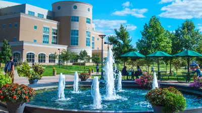 Photo of Rice Library and the Quad fountain in spring