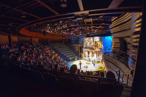 View from above and to the side of the stage and audience seating during a performance