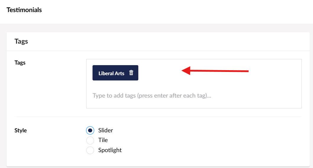 Screenshot of testimonials tag location in Umbraco