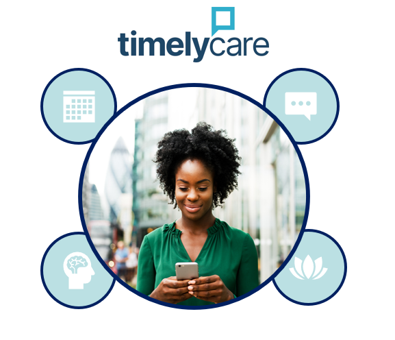 TimelyCare image with woman looking at phone