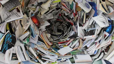 A pile of paperback books resembling a vortex