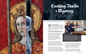 Magazine spread featuring 15-century painting of a saint and students x-raying it