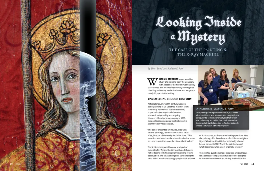 Magazine spread featuring 15-century painting of a saint and students x-raying it