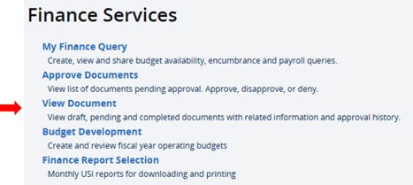 Screenshot of Finance options with red arrow pointing at View Document.