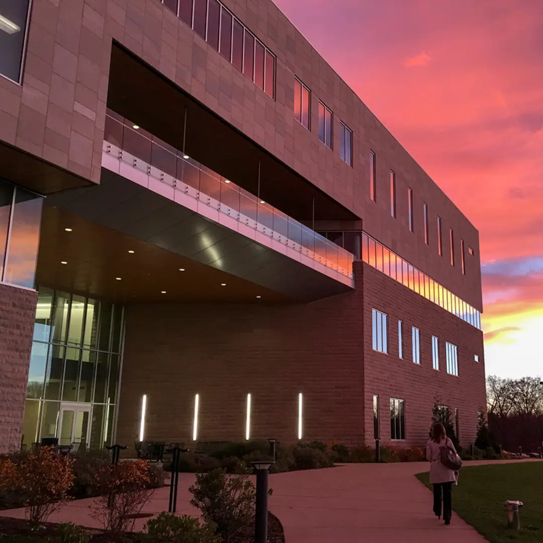 The Business and Engineering Center at dusk.