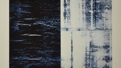 Artwork featuring blue and white rectangles from Donald Froscost's "Transmissions: An Exhibition of Recent Paintings"