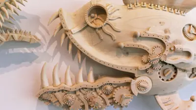 Wood sculpture of mechanical piranha