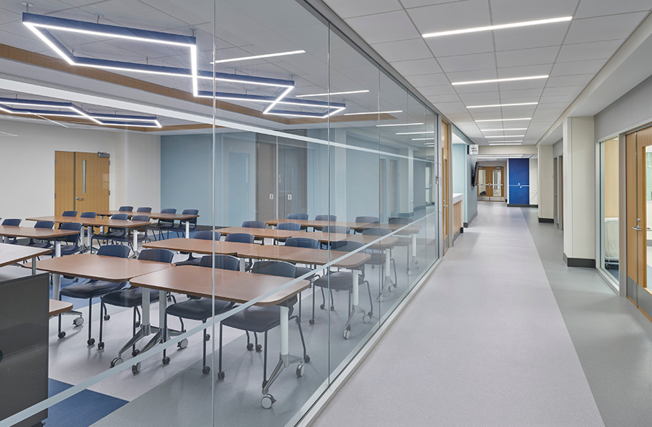 View of the hallway and classroom in the clinical simulation center
