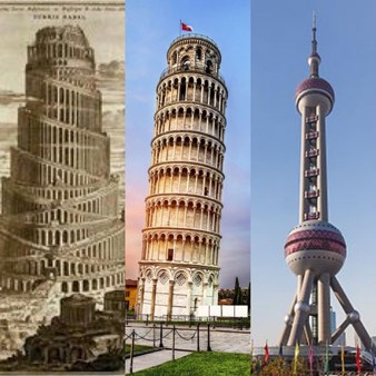 Examples of towers, including the leaning tower of Pisa