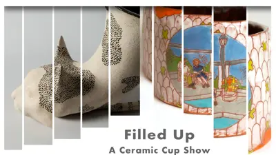 Exhibition postcard for "Filled Up: A Ceramic Cup Show"