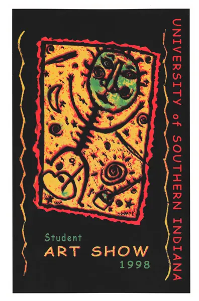 USI Student Art Show 1998 postcard, art by Sharon Ford
