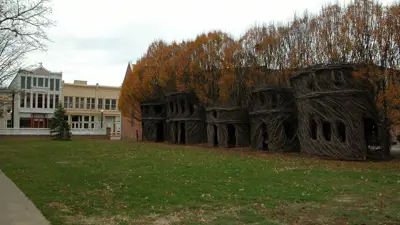 Public art in New Harmony by Patrick Dougherty, "Nest Houses"