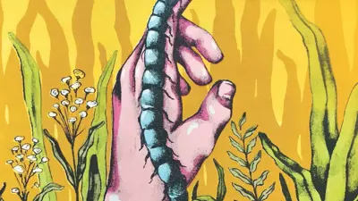 Exhibition poster featuring a painting of a hand emerging from the ground surrounded by plants.