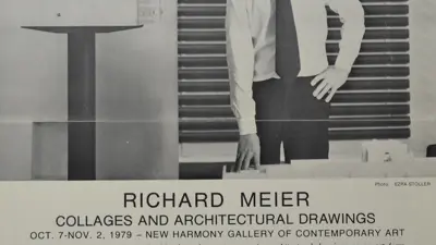Newspaper clipping about Richard Meier's 1979 exhibition of collages and architectural drawings