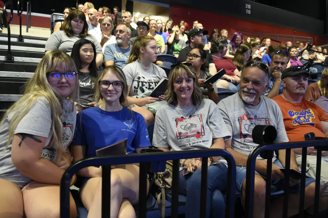 Parents and students fill the bleachers in the Screaming Eagles Arena for new student convocation