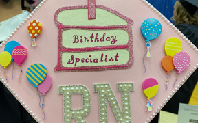 Decorated graduation hat for RN nursing student