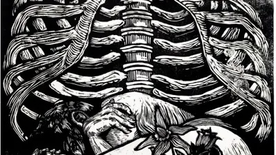 Artwork of a human rib cage sheltering a woman lying in the fetal position with flowers