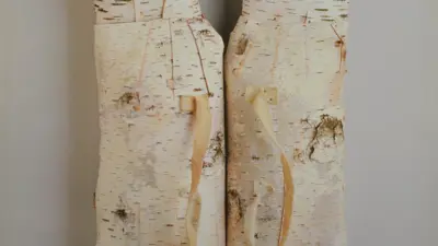 Sculpture of a life jacket that resembles a birch tree by Eric Nordgulen