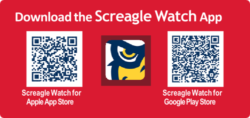 Image of the QR codes for the links to the Screagle Watch app on the Apple App Store (left) and Google Play Store (right) with the eagle eye logo in the center.