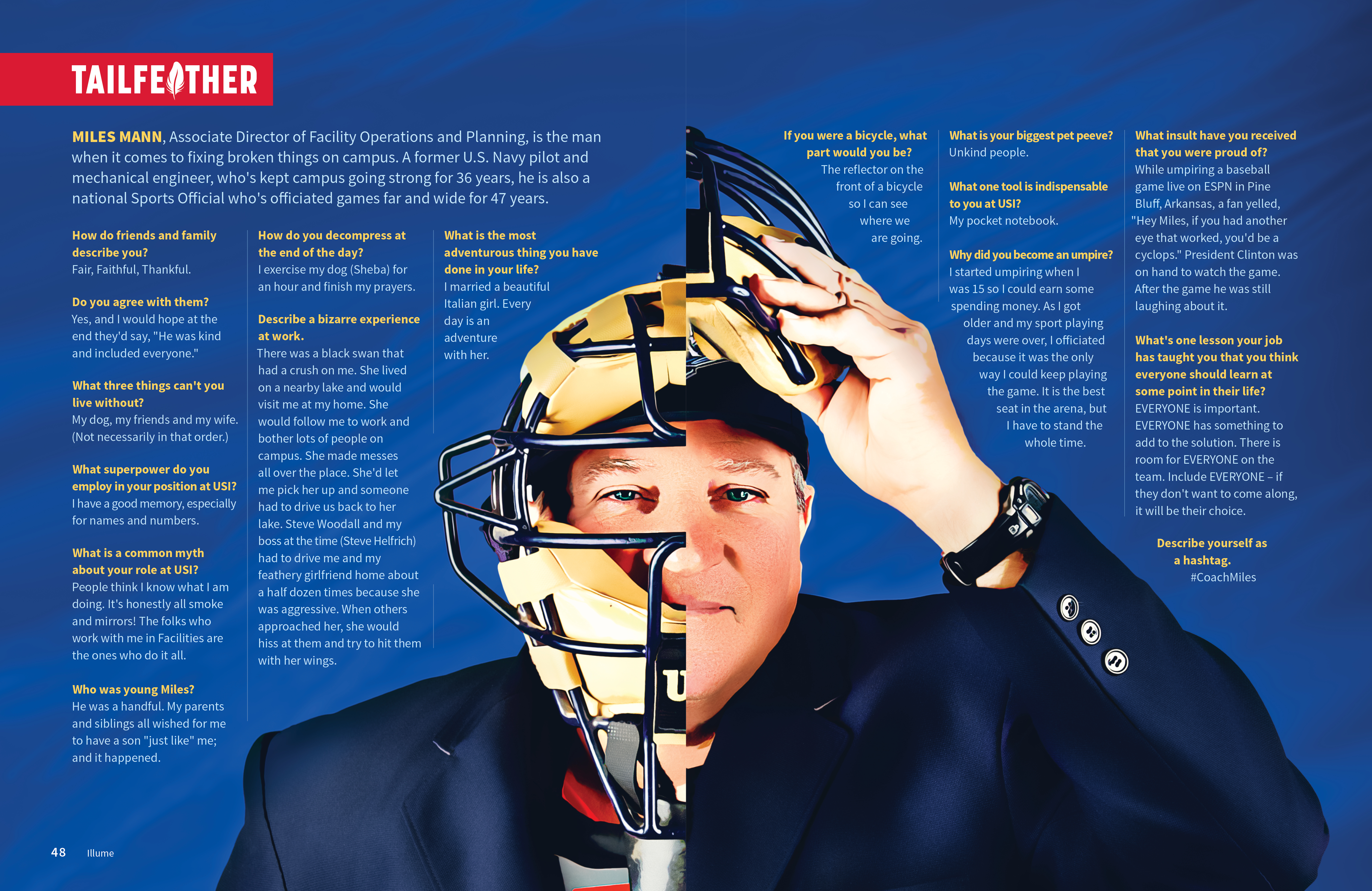Magazine spread featuring Miles Mann in Umpire mask