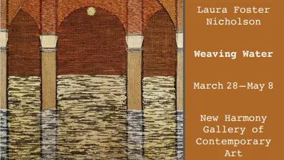 Exhibition postcard for "Weaving Water" featuring Laura Foster Nicholson's artwork