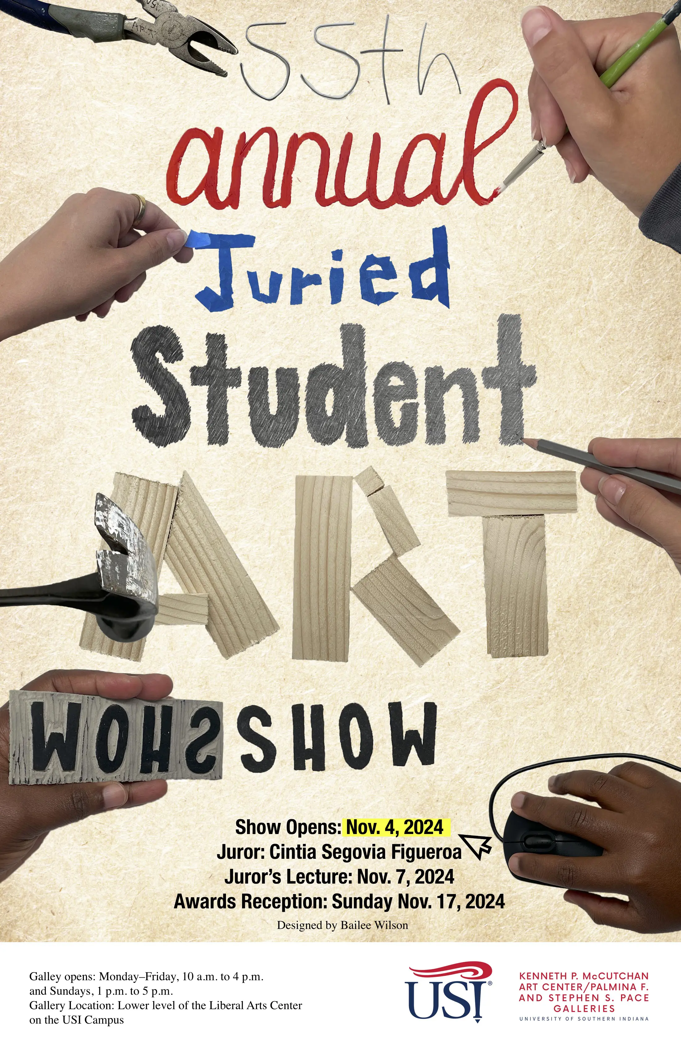 Image of hands and tools making the letters using multiple art media