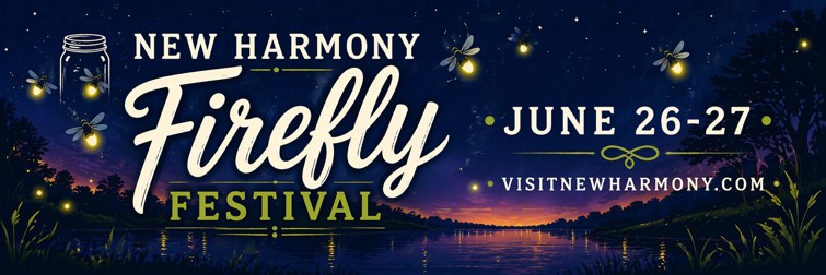Graphic promoting the New Harmony Firefly Festival with glowing fireflies over a river at dusk. Text reads “New Harmony Firefly Festival, June 26–27” with website “visitnewharmony.com.”