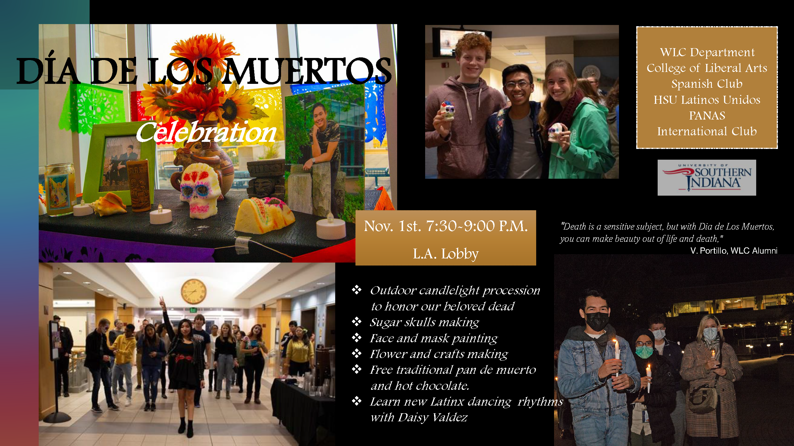 A past Dia de los Muertos event flyer, including photos and a list of planned activities