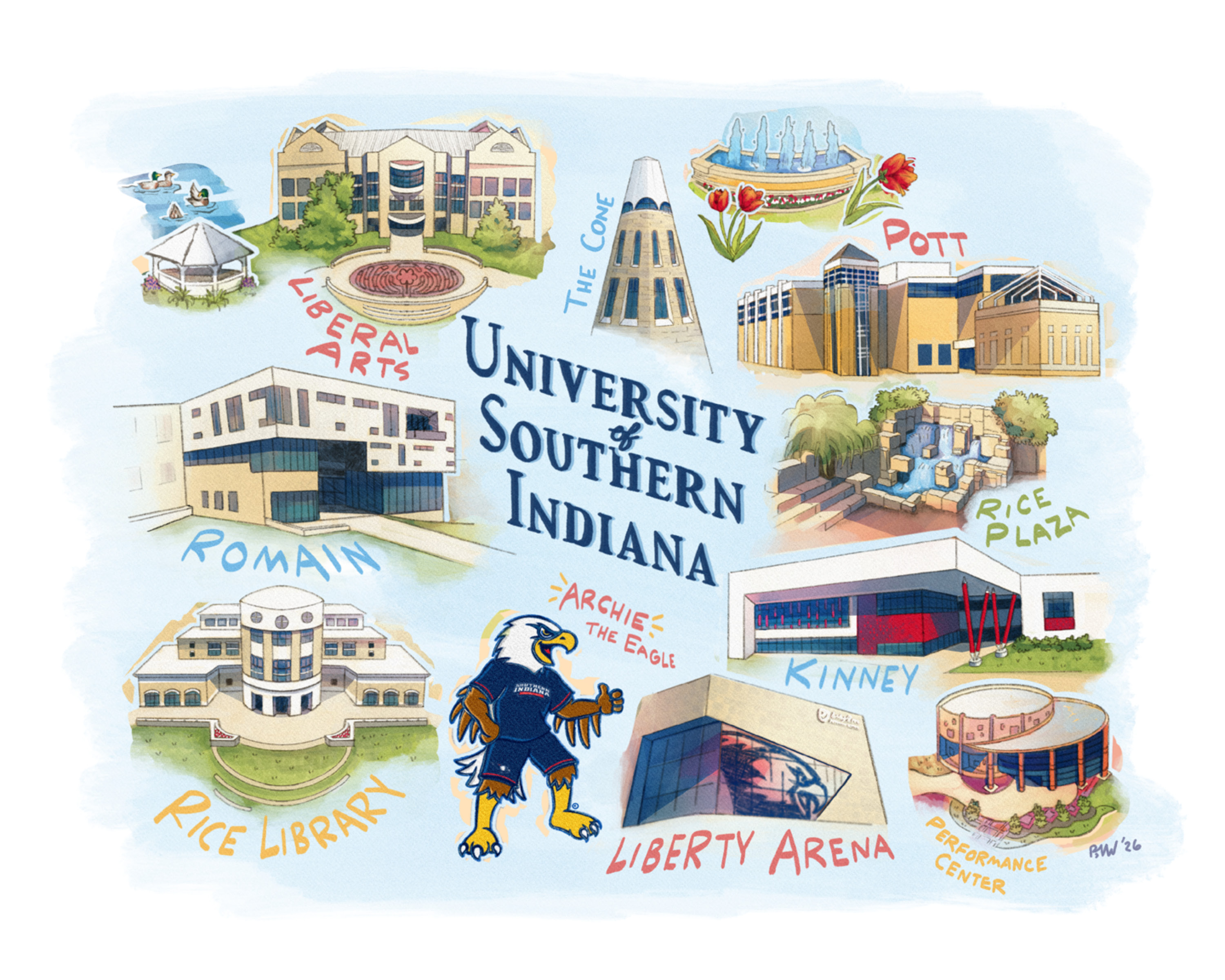 Custom illustration of locations around the USI campus