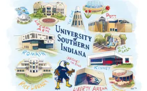 Custom illustration of locations around the USI campus