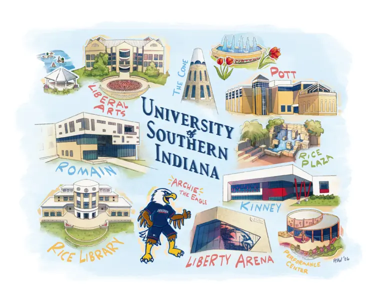 Custom illustration of locations around the USI campus